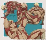  1boy abs all_fours armored_titan arms_behind_head ass bara blonde_hair exposed_muscle highres large_pectorals lying male_focus modeling muscular muscular_male nude_modeling on_back pectorals presenting reiner_braun shingeki_no_kyojin short_hair sitting spoilers sssida3 titan_(shingeki_no_kyojin) translation_request 