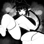  1girl animal_ears blunt_bangs bow bra bra_in_mouth braid breasts cat_ears cat_girl cat_tail cleavage clothes_in_mouth commentary_request curvy extra_ears greyscale groin hair_bow haseru_(ginku_mh) heart huge_breasts kaenbyou_rin looking_at_viewer monochrome multiple_tails nekomata panties pointy_ears ribbon-trimmed_sleeves ribbon_trim side_braids sidelocks solo tail thighhighs touhou twin_braids two_tails underwear 