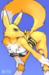  anthro bandai_namco bent_over black_sclera blue_eyes bra breasts chest_tuft clothed clothing digimon digimon_(species) female fluffy fluffy_tail fur hands_behind_head hi_res kidakash lingerie panties renamon skimpy solo tail tuft underwear yellow_body yellow_fur 