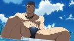  1boy abs bara black_hair black_male_swimwear blue_sky blush bulge crotch facial_hair feet_out_of_frame from_below goatee goggles goggles_around_neck highres large_pectorals looking_at_viewer male_focus male_swimwear mature_male muscular muscular_male navel nipples original oro9 paid_reward_available pectorals pool short_hair sideburns sky smile solo stomach stubble swim_briefs thick_eyebrows thick_thighs thighs topless_male wet 