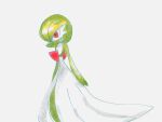  1girl ame_(pixiv_94535533) arms_at_sides bob_cut colored_skin commentary flat_chest from_side gardevoir green_hair green_skin grey_background hair_over_one_eye highres multicolored_skin one_eye_covered pokemon pokemon_(creature) red_eyes short_hair simple_background solo standing two-tone_skin white_skin 