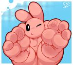  3_toes anthro bunny_maloney bunny_maloney_(character) electricsnowfox feet feet_up foot_focus hi_res lagomorph leporid looking_at_viewer male mammal nude pink_body rabbit soles solo toes 