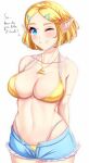  1girl ;) anisdrawn bare_arms bare_shoulders bikini blonde_hair blue_eyes blue_shorts blush braid breasts collarbone commentary_request cowboy_shot crown_braid cutoffs hair_ornament hairclip highres jewelry large_breasts looking_at_viewer navel one_eye_closed open_fly pendant pointy_ears princess_zelda short_hair short_shorts shorts simple_background smile solo standing stomach swimsuit the_legend_of_zelda the_legend_of_zelda:_tears_of_the_kingdom triforce white_background yellow_bikini 