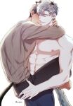  2boys absurdres animal_ears barefoot blush brown_hair cat_ears cat_tail highres hug ilay_riegrow jeong_taeui male_focus multiple_boys o_ssion passion_(manhwa) simple_background smile sweater tail topless white_background white_hair yaoi 