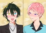  2boys aqua_eyes blush ensemble_stars! green_hair grey_shirt hair_between_eyes heterochromia itsuki_shu jewelry kagehira_mika lapels looking_to_the_side male_focus multiple_boys necklace open_mouth pink_hair purple_eyes shirt short_hair teeth turtleneck upper_teeth_only valkyrie_(ensemble_stars!) wednesday_108 yellow_eyes 