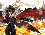  115_koubunshi 1girl antennae black_gloves black_pants black_wings brown_hair closed_mouth coat coat_on_shoulders collared_shirt dragon_horns dragon_print expressionless fur-trimmed_coat fur_trim gloves gold_trim guan_dao hair_bun highres holding holding_polearm holding_weapon horns library_of_ruina long_hair long_sleeves looking_at_viewer necktie pants polearm project_moon red_coat red_eyes red_necktie scales shirt sidelocks simple_background solo tassel very_long_hair weapon white_background white_shirt wings xiao_(library_of_ruina) 