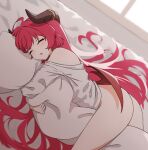  1girl alternate_costume ass bare_shoulders blue_archive closed_eyes dakimakura_(object) demon_horns demon_wings highres horns hr.r hugging_object junko_(blue_archive) long_hair lying naked_shirt on_bed on_side open_mouth pillow pillow_hug red_hair shirt sleeping solo thighs very_long_hair white_shirt window wings 