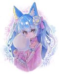  1girl absurdres aerial_fireworks animal_ear_fluff animal_ears blue_bow blue_eyes blue_hair blush bow breasts cat_ears cat_hair_ornament commentary_request cotton_candy eating fireworks frilled_kimono frills hair_between_eyes hair_bow hair_ornament heart heart_hair_ornament highres japanese_clothes kimono long_hair long_sleeves looking_at_viewer medium_bangs nanashi_inc. open_mouth pink_bow pink_kimono sanada_shinka sleeve_bow small_breasts solo souya_ichika two_side_up upper_body virtual_youtuber white_background yukata 