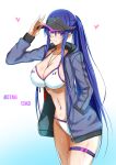 1girl absurdres akiyama_rinko alternate_costume between_breasts blue_hair blue_jacket breasts character_name gradient_background hand_in_pocket hand_on_headwear heart highres jacket light_blush long_hair long_sleeves looking_at_viewer navel open_clothes open_jacket parted_lips ponytail purple_eyes rekka_(alo4610) shiny_skin simple_background smile solo taimanin_(series) taimanin_yukikaze thigh_strap very_long_hair visor_cap whistle whistle_around_neck white_background 