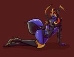  1girl absurdres arthropod_limbs black_lips black_panties blackarachnia breasts colored_skin curvy high_heels highres humanoid_robot licking_lips medium_breasts panties purple_skin rainbowpaw2015 red_eyes robot solo thighs tongue tongue_out transformers transformers_animated underwear 