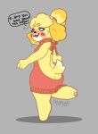  animal_crossing anthro blush blush_lines canid canine canis clothing domestic_dog english_text female isabelle_(animal_crossing) mammal meme meme_clothing nervous nervous_expression nervous_smile nervous_sweat nintendo pawpads pyrpul raised_leg solo speech_bubble sweater text topwear virgin_killer_sweater 