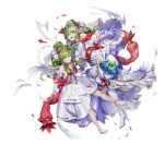  2girls bare_shoulders blue_flower bouquet breasts bridal_legwear bridal_veil choker damaged dragonstone dress feather-trimmed_dress feather_trim fire_emblem fire_emblem:_mystery_of_the_emblem fire_emblem_awakening fire_emblem_heroes flower green_eyes green_hair high_heels high_ponytail holding holding_bouquet medium_breasts multiple_girls official_alternate_costume official_art one_eye_closed open_mouth pointy_ears ponytail red_scarf scarf teeth tiara tiki_(adult)_(fire_emblem) tiki_(fire_emblem) tiki_(young)_(fire_emblem) torn_clothes torn_dress upper_teeth_only veil white_background white_choker white_dress white_footwear 