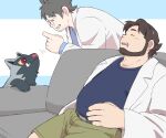 2boys bara beard belly birch_(pokemon) brown_hair character_request closed_eyes couch couple covered_navel dakimakura_(medium) drooling facial_hair fat fat_man feet_out_of_frame finger_to_mouth green_shorts highres jinnta4014 labcoat male_focus mature_male motion_lines mouth_drool multiple_boys neroli_(pokemon) nodding on_couch plump pokemon pokemon_(game) pokemon_rse pokemon_sleep short_hair shorts shushing sleeping stubble yaoi 