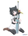  1girl 1other :o absurdres animal_ears artist_name black_gloves black_hair blue_eyes blush boots brown_footwear cat_ears cat_girl chest_armor child dress female_child fingerless_gloves fran_(tensei_shitara_ken_deshita) full_body gloves highres holding holding_sword holding_weapon huge_weapon living_weapon looking_at_viewer nisp_art on_ground parted_lips planted planted_sword shishou_(tensei_shitara_ken_deshita) short_hair short_sleeves simple_background sitting sword tensei_shitara_ken_deshita thighhighs unsheathed wariza weapon white_background white_dress wrist_cuffs 
