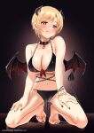  1girl :q aiba_yumi barefoot bikini black_bikini black_collar black_nails blonde_hair blush breasts casino_(casinoep) cleavage closed_mouth collar demon_horns demon_tail demon_wings feet flower_bracelet full_body hands_on_own_thighs heart heart-shaped_pupils horns idolmaster idolmaster_cinderella_girls large_breasts legs nail_polish short_hair solo squatting swimsuit symbol-shaped_pupils tail toenail_polish toenails toes tongue tongue_out wings 