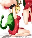  1girl antlers barefoot blonde_hair blush breasts china_dress chinese_clothes doge_(jkdoge) dragon_tail dress highres kicchou_yachie red_dress short_hair soles tail touhou 