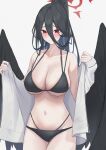  1girl bare_shoulders bikini black_bikini black_feathers black_hair black_wings blue_archive blush breasts cardigan cleavage closed_mouth collarbone feathers halo haro_art hasumi_(blue_archive) high_ponytail highres large_breasts long_hair looking_at_viewer navel open_cardigan open_clothes raised_eyebrows red_eyes simple_background solo stomach sweatdrop sweater swimsuit very_long_hair white_background white_sweater wings 