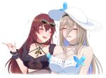  2girls :d aponia_(honkai_impact) bare_shoulders breasts brown_hair cleavage closed_eyes collarbone cropped_torso dress earrings eden_(honkai_impact) eyewear_on_head hat highres honkai_(series) honkai_impact_3rd jewelry komitaki large_breasts long_hair mole mole_under_eye multiple_girls open_mouth simple_background smile sun_hat sundress sunglasses swimsuit upper_body white_background 