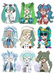  6+girls blue_hair closed_eyes electric_miku_(project_voltage) eyelashes fire_miku_(project_voltage) gradient_hair grass_miku_(project_voltage) green_hair ground_miku_(project_voltage) hat hatsune_miku highres ice_hair ice_miku_(project_voltage) ida_(idalol490) multicolored_hair multiple_girls multiple_persona normal_miku_(project_voltage) open_mouth pom_pom_(cheerleading) project_voltage psychic_miku_(project_voltage) rock_miku_(project_voltage) simple_background sunglasses tiara twintails two-tone_hair upper_body visor_cap water_miku_(project_voltage) 