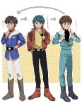  3boys amuro_ray arrow_(symbol) black_eyes black_footwear black_hair black_pants black_shirt black_wristband blue_eyes blue_jacket blue_jumpsuit boots brown_footwear brown_hair commentary_request cosplay costume_switch green_eyes green_hair gundam gundam_zz hand_in_pocket highres jacket judau_ashta jumpsuit kamille_bidan kogetoriten_999 long_sleeves male_focus military_jacket military_uniform mobile_suit_gundam multiple_boys open_clothes open_jacket pants red_footwear red_jacket shirt short_hair standing translation_request uniform white_pants yellow_shirt zeta_gundam 