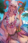  1girl armlet bare_shoulders bikini blue_hair blue_sky breasts cleavage cloud cloudy_sky curled_horns fire_emblem fire_emblem_heroes fish flower flower_necklace food freyja_(fire_emblem) freyja_(summer)_(fire_emblem) fruit goat goat_horns grey_hair hair_flower hair_ornament himmely holding holding_floatie holding_food holding_fruit horns inflatable_toy jewelry large_breasts long_hair looking_at_viewer mature_female multicolored_hair navel ocean official_alternate_costume outdoors palm_tree pelvic_curtain pineapple red_eyes red_horns sky smile solo stuffed_goat swimsuit teeth thorns tree white_bikini white_hair 