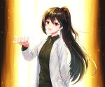  1girl brown_hair carmen_(project_moon) coat collared_shirt green_shirt high_ponytail highres lobotomy_corporation long_hair long_sleeves open_mouth project_moon red_eyes shirt smile solo upper_body very_long_hair white_coat wing_collar york0pm 