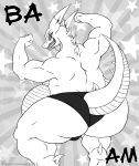  2016 anthro belly belly_scales biceps black_and_white bulge butt clothing digital_media_(artwork) dragon english_text flexing flexing_both_biceps hi_res horn if_hell_had_a_taste male monochrome musclegut muscular muscular_anthro muscular_male overweight overweight_anthro overweight_male rear_view scales scar skylar_fidchell solo star text thong underwear viroveteruscy 