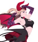  1girl absurdres armpits blonde_hair blue_eyes breasts cleavage commentary_request demon_horns demon_tail demon_wings earrings elbow_gloves fake_horns fake_tail fake_wings fingerless_gloves gloves highres horns jewelry long_hair looking_at_viewer medium_breasts nail_polish navel persona persona_5 persona_5:_dancing_star_night persona_5_the_royal pleated_skirt red_horns red_nails red_skirt simple_background skirt smile solo tail takamaki_anne umenituru white_background wings 