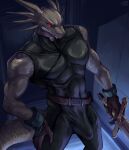  2023 angel_links anthro biped black_bodysuit claws clothed clothing dragon duuz_delax_rex erection erection_under_clothing fangs finger_claws gloves handwear hi_res holding_object holding_sword holding_weapon male melee_weapon muscular muscular_anthro muscular_male nurinaki red_eyes scalie shaded snout solo standing sword tail teeth tenting text url weapon wingless_dragon 