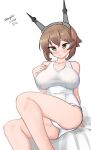  1girl absurdres breasts brown_hair dated feet_out_of_frame flipped_hair green_eyes hairband headgear highres kantai_collection large_breasts looking_at_viewer maru_(marg0613) mutsu_(kancolle) one-hour_drawing_challenge radio_antenna school_swimsuit short_hair simple_background sitting smile solo swimsuit twitter_username white_background white_swimsuit 
