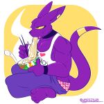  1:1 anthro beerus chopsticks clothing digital_media_(artwork) domestic_cat dragon_ball dragon_ball_super felid feline felis fizzyjay food fur hairless hairless_cat hi_res male mammal muscular muscular_male noodles ramen shirt simple_background solo sphynx_(cat) tank_top topwear underwear 