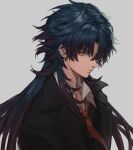  1boy black_hair black_jacket blade_(honkai:_star_rail) blue_hair closed_mouth collared_shirt geebee_79 grey_background hair_between_eyes hair_over_one_eye highres honkai:_star_rail honkai_(series) jacket long_hair male_focus multicolored_hair necktie orange_eyes red_hair red_necktie shirt simple_background solo upper_body white_shirt 