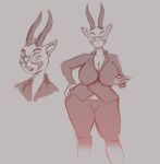  antelope anthro big_breasts bovid breasts bulge cleavage clothed clothing female gazelle hand_on_hip hi_res horn huge_breasts inner_ear_fluff mammal open_mouth shaded simple_background simple_shading solo solo_focus suit tuft websheck wide_hips 