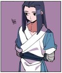  1boy arms_behind_back black_eyes blue_hair blue_tunic border closed_mouth collarbone long_hair looking_to_the_side luo_xiaohei_zhanji nploser purple_background sidelocks simple_background solo upper_body very_long_hair white_border white_tunic wuxian_(the_legend_of_luoxiaohei) 