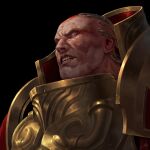  absurdres adrian4rt angron angry armor bald black_background butchers_nails gold_armor highres imperium_of_man male_focus power_armor primarch red_armor scar semi_realisim signature simple_background veins warhammer_40k white_eyes world_eaters 