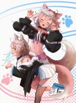  2girls :3 :d absurdres animal_ear_fluff animal_ears belt belt_collar black_collar black_jacket blue_belt blue_hair blush breasts closed_eyes collar cropped_jacket cropped_shirt dog_ears dog_girl dog_tail fangs fishnet_thighhighs fishnets fur-trimmed_jacket fur_trim fuwawa_abyssgard hair_ornament hairpin headphones headphones_around_neck highres hololive hololive_english jacket large_breasts leg_up long_hair looking_at_viewer medium_hair midriff mococo_abyssgard multicolored_hair multiple_girls nail_polish navel open_mouth paw_print pink_belt pink_hair pink_nails raedrobart shirt short_shorts shorts siblings single_thighhigh sisters skin_fangs skirt skirt_set small_breasts smile spiked_collar spikes streaked_hair tail thighhighs twins virtual_youtuber white_footwear white_shirt white_shorts white_skirt x_hair_ornament 