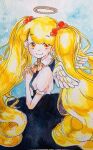  1girl angel black_dress blonde_hair bow closed_mouth dress eyelashes halo highres long_hair orange_bow orange_eyes painting_(medium) poet_(pop&#039;n_music) pop&#039;n_music puffy_short_sleeves puffy_sleeves shirt short_sleeves smile solo traditional_media twintails uminonagisa very_long_hair watercolor_(medium) white_shirt 