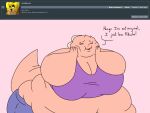  2018 4:3 4_fingers anthro batspid2 belly big_belly big_breasts blue_clothing breasts cleavage clothed clothing crop_top dialogue digital_drawing_(artwork) digital_media_(artwork) english_text exclamation eyebrows eyelashes eyes_closed female fingers flat_colors frill_(anatomy) head_crest head_frill huge_breasts juna_(batspid2) lizard love_handles membrane_(anatomy) membranous_frill morbidly_obese morbidly_obese_anthro morbidly_obese_female obese obese_anthro obese_female overweight overweight_anthro overweight_female pink_background pink_body pink_skin purple_clothing reptile scalie shirt simple_background smile solo tail text topwear 