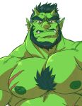  1boy bara beard black_hair chest_tuft colored_skin earrings facial_hair frown green_skin horns huge_eyebrows jewelry juggermelon large_pectorals male_focus mature_male monster_boy muscular muscular_male mustache nose_piercing nose_ring nude oni oni_horns orc original pectorals piercing pointy_ears sanpaku scar scar_on_chest short_hair solo thick_neck tusks undercut unnamed_oni_orc_(juggermelon) upper_body 