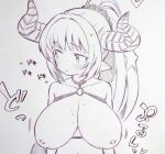  1girl aliza_(granblue_fantasy) blush bouncing_breasts breasts closed_mouth commentary_request draph granblue_fantasy highres horns inverted_nipples large_breasts long_hair looking_to_the_side monochrome pointy_ears ponytail solo traditional_media tsukareta_san upper_body 