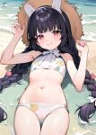  1girl absurdres bare_arms bare_legs bikini black_hair bladetea blue_archive blue_sky blurry braid commentary_request flat_chest hair_between_eyes halo hat highres horizon long_hair looking_at_viewer low_twin_braids low_twintails lying miyu_(blue_archive) miyu_(swimsuit)_(blue_archive) navel official_alternate_costume official_alternate_hairstyle on_back pink_eyes print_bikini see-through sidelocks skinny sky solo stomach straw_hat sun_hat swimsuit twin_braids twintails wet wet_clothes wet_swimsuit white_bikini 