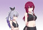  2girls bare_shoulders breasts cheria commentary_request crop_top crossed_arms drill_hair grey_eyes grey_hair highres honkai:_star_rail honkai_(series) jitome kafka_(honkai:_star_rail) large_breasts long_hair medium_support_(meme) meme midriff multiple_girls navel ponytail purple_background purple_eyes purple_hair sidelocks silver_wolf_(honkai:_star_rail) small_breasts sports_bra stomach upper_body 