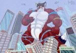  canid canine city city_destruction clothing fox growth iliakitsune macro male mammal muscle_growth muscular outgrowing_clothes size_growth snow snowing torn_clothing 