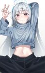  1girl absurdres arm_behind_head black_pants blue_archive blue_shirt blush closed_mouth gradient_background grey_hair halo highres long_hair long_sleeves looking_at_viewer mechanical_halo navel noa_(blue_archive) nyong_sang pants purple_eyes shirt solo very_long_hair 