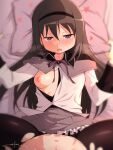  1girl akemi_homura artist_name bed_sheet black_hair black_hairband black_pantyhose blush breasts grey_skirt hair_between_eyes hairband heart heart-shaped_pupils highres looking_at_viewer lying magical_girl mahou_shoujo_madoka_magica medium_breasts neck_ribbon nipples on_back one_breast_out open_mouth out-of-frame_censoring pantyhose pillow purple_eyes purple_ribbon ribbon shirt skirt solo spread_legs symbol-shaped_pupils torn_clothes torn_pantyhose unsfrau white_shirt 