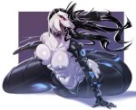  abs apode areola big_breasts black_body black_hair bodily_fluids breast_grab breast_squish breasts collar cybernetics cyborg draconcopode fangs female forked_tongue hair hand_on_breast hb-viper hi_res huge_hips legless looking_at_viewer machine naga navel nipples red_eyes reptile saliva scalie serpentine sharp_teeth snake solo squish tail teeth thick_tail tongue white_body 