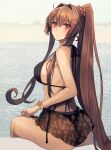  1girl :o alternate_costume ass bikini black_bikini bracelet breasts brown_hair floral_print flower from_behind hair_flower hair_intakes hair_ornament halterneck highres jewelry kantai_collection kasumi_(skchkko) large_breasts long_hair looking_at_viewer looking_back ponytail red_eyes sarong side-tie_bikini_bottom sitting solo strap_gap swimsuit thighs very_long_hair water yamato_(kancolle) 