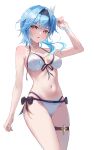  1girl absurdres bare_arms bare_shoulders bikini black_hairband blue_hair breasts commentary_request cowboy_shot eula_(genshin_impact) front-tie_bikini_top front-tie_top genshin_impact hairband hand_up head_tilt highres long_hair looking_at_viewer medium_breasts navel oni_gaka parted_lips side-tie_bikini_bottom simple_background solo standing stomach swimsuit thigh_strap thighs white_background white_bikini yellow_eyes 