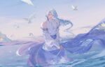  1boy beach bird bishounen blue_sky braid chinese_clothes closed_eyes day detached_sleeves hanfu holding holding_clothes long_sleeves lynganbuonngu male_focus ocean open_mouth original parted_bangs satin seagull single_braid sky solo wading water waves white_hair 
