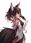  1girl air_(air_end) animal_ears bare_shoulders blush breasts brown_dress brown_hair closed_mouth cowboy_shot detached_sleeves dress earrings fox_ears fox_girl fox_tail from_side gradient_hair gradient_sleeves green_eyes hair_between_eyes hand_fan high_ponytail highres holding holding_fan honkai:_star_rail honkai_(series) jewelry long_hair looking_at_viewer medium_breasts multicolored_hair ponytail red_sleeves smile solo tail tingyun_(honkai:_star_rail) white_sleeves 